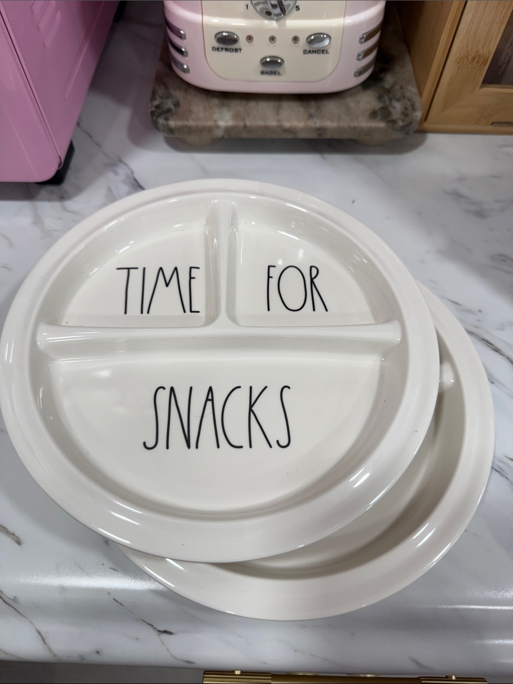 Rae Dunn Children’s melanine White 'Time For Snacks' Sectioned Snack Plate set 2